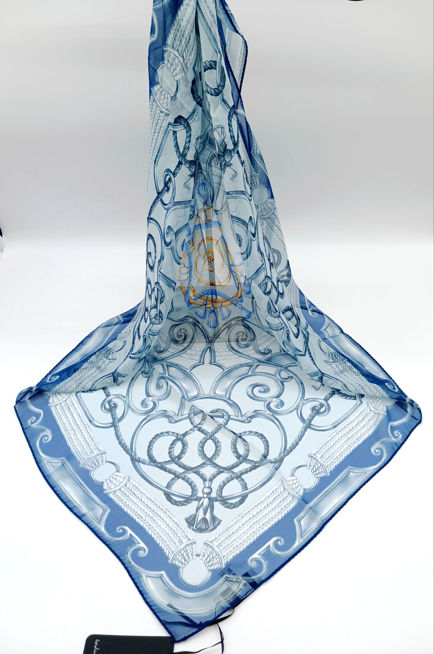 Ornamental Tassel Design Sheer Silk Square Scarf 31x31 – Made In Italy – Blue & White