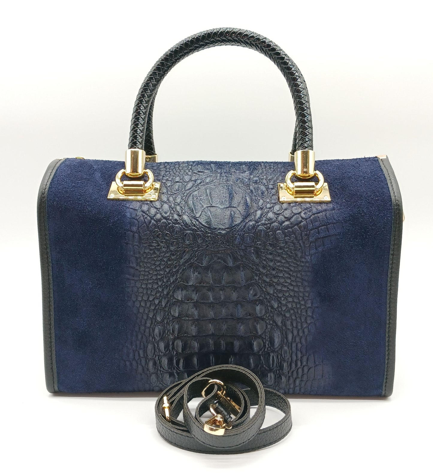 Genuine Suede & Leather Croc Embossed Satchel Handbag - Dark Blue – Made In Italy