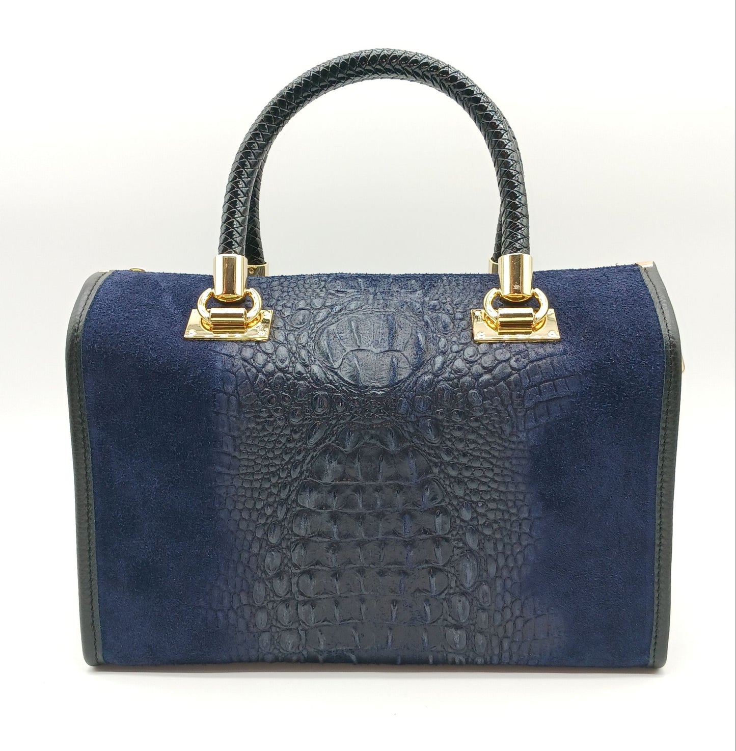 Genuine Suede & Leather Croc Embossed Satchel Handbag - Dark Blue – Made In Italy