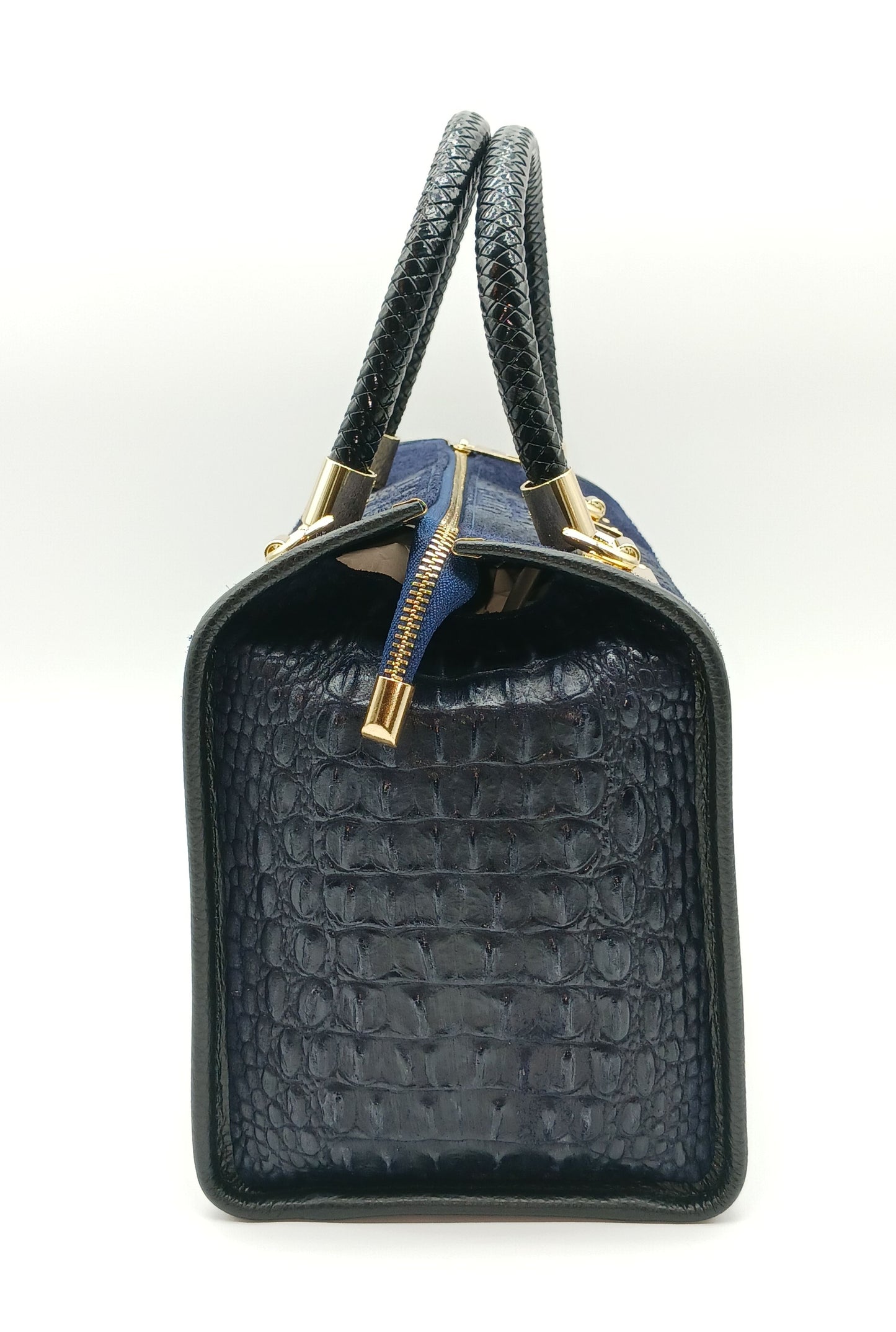 Genuine Suede & Leather Croc Embossed Satchel Handbag - Dark Blue – Made In Italy