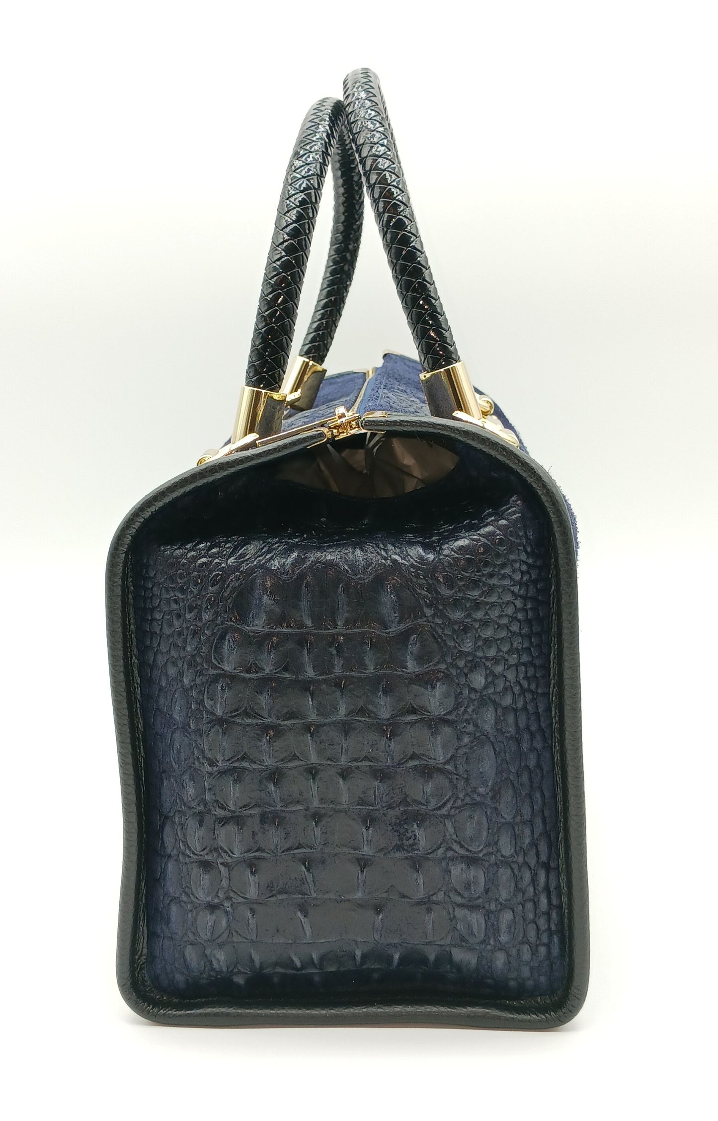 Genuine Suede & Leather Croc Embossed Satchel Handbag - Dark Blue – Made In Italy