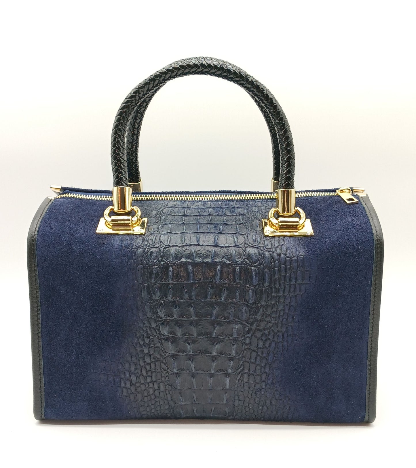 Genuine Suede & Leather Croc Embossed Satchel Handbag - Dark Blue – Made In Italy