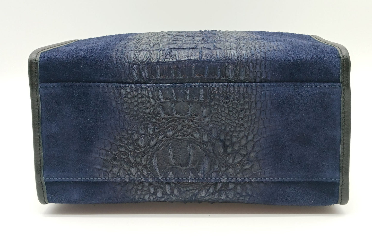 Genuine Suede & Leather Croc Embossed Satchel Handbag - Dark Blue – Made In Italy