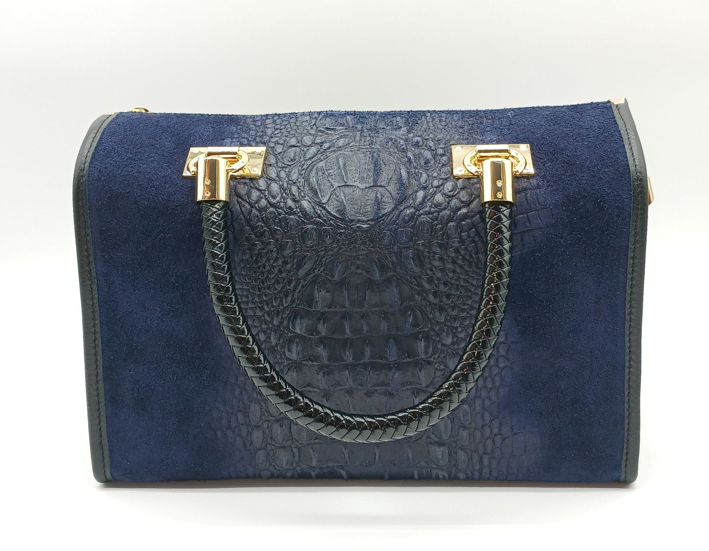Genuine Suede & Leather Croc Embossed Satchel Handbag - Dark Blue – Made In Italy