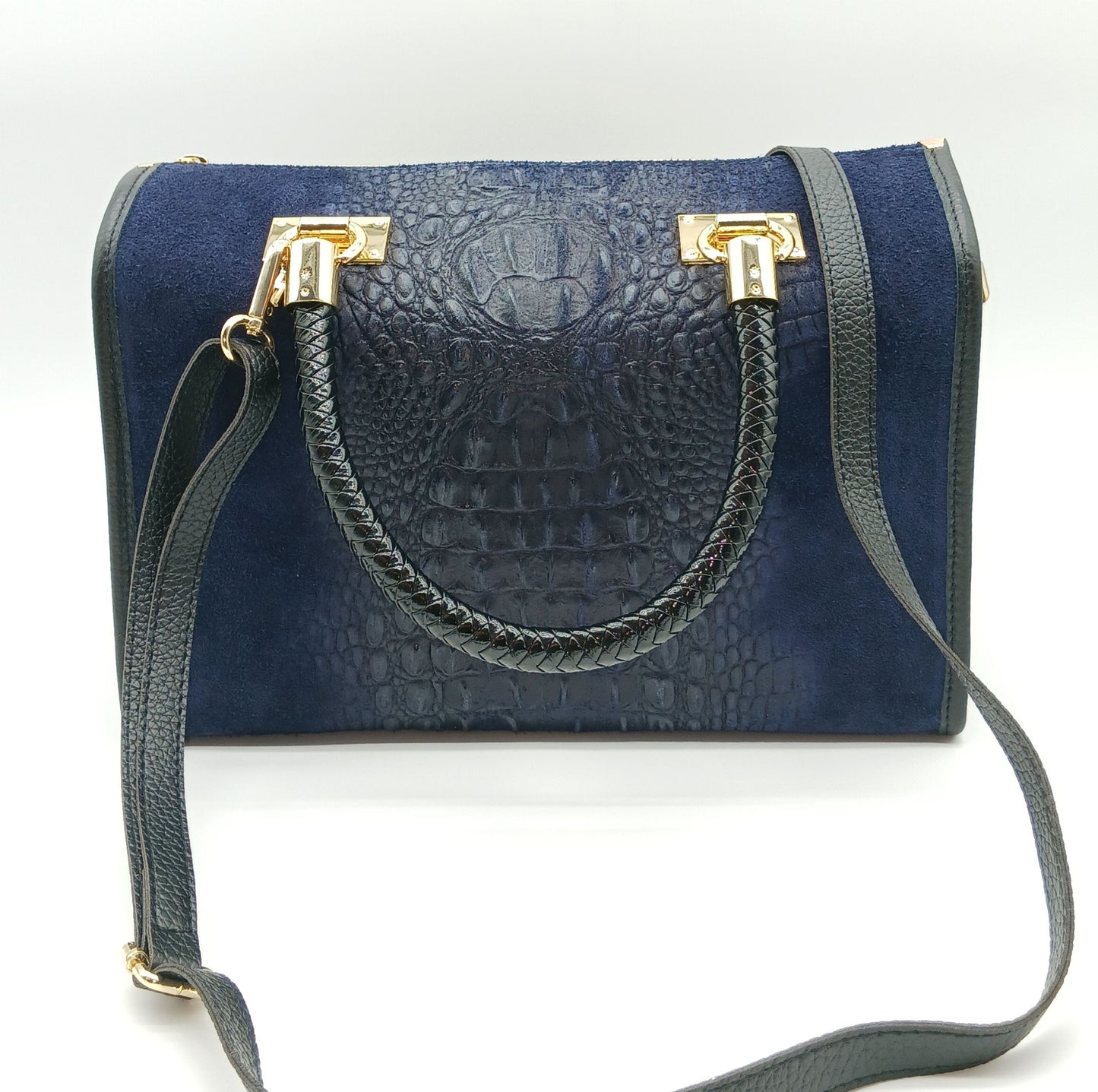 Genuine Suede & Leather Croc Embossed Satchel Handbag - Dark Blue – Made In Italy