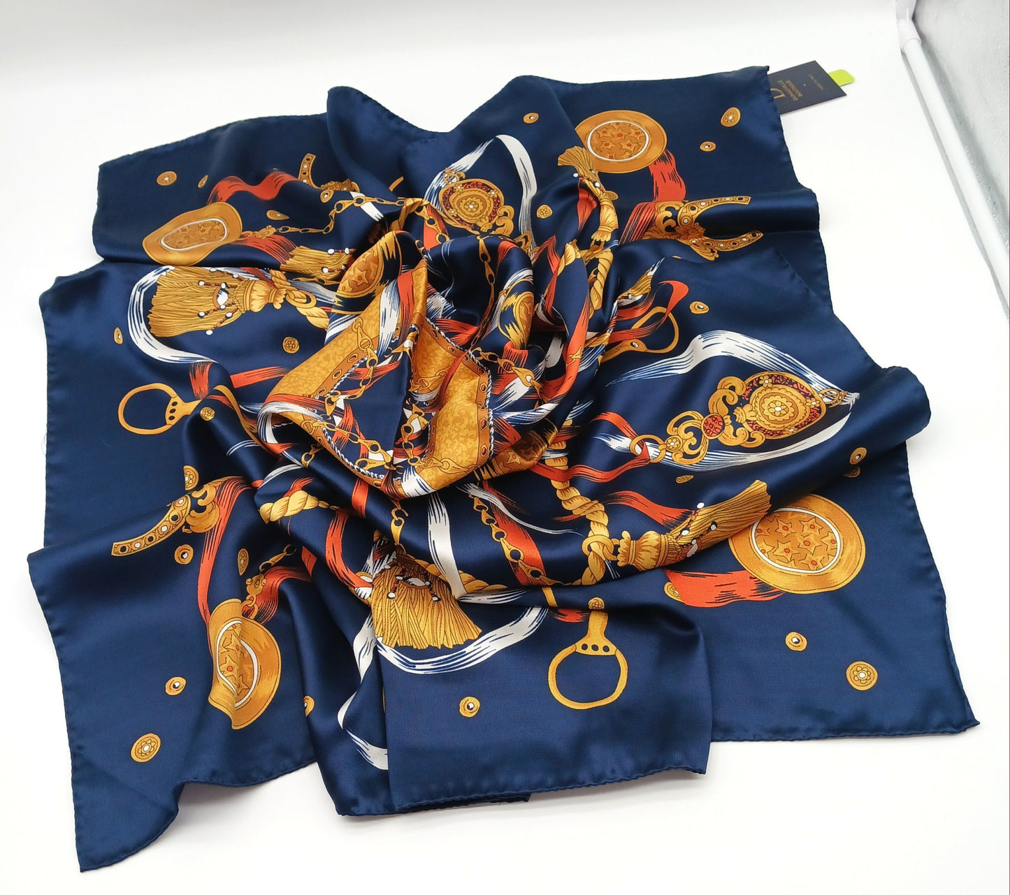 Blue Tassel Medallion Silk Twill Square Scarf 35x35 – Made In Italy