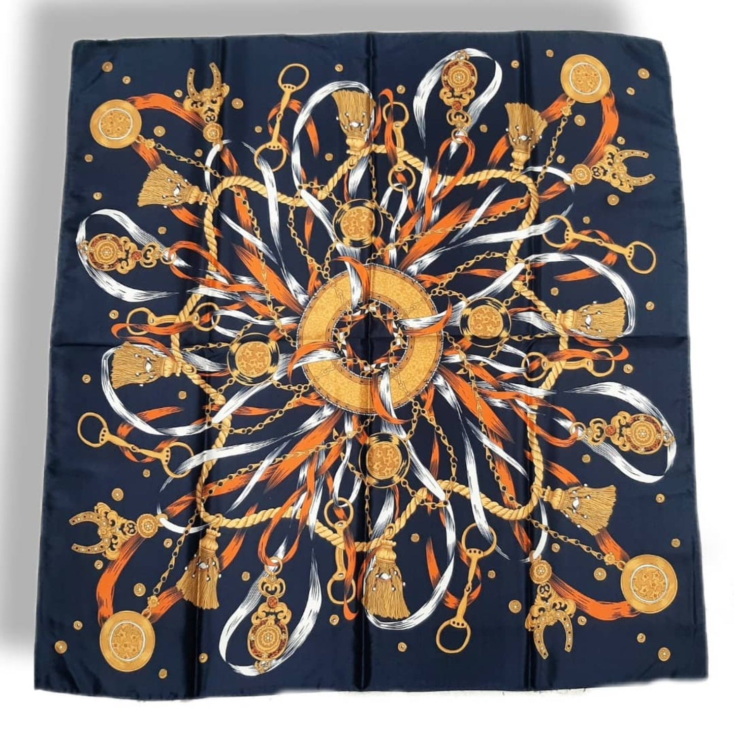 Blue Tassel Medallion Silk Twill Square Scarf 35x35 – Made In Italy