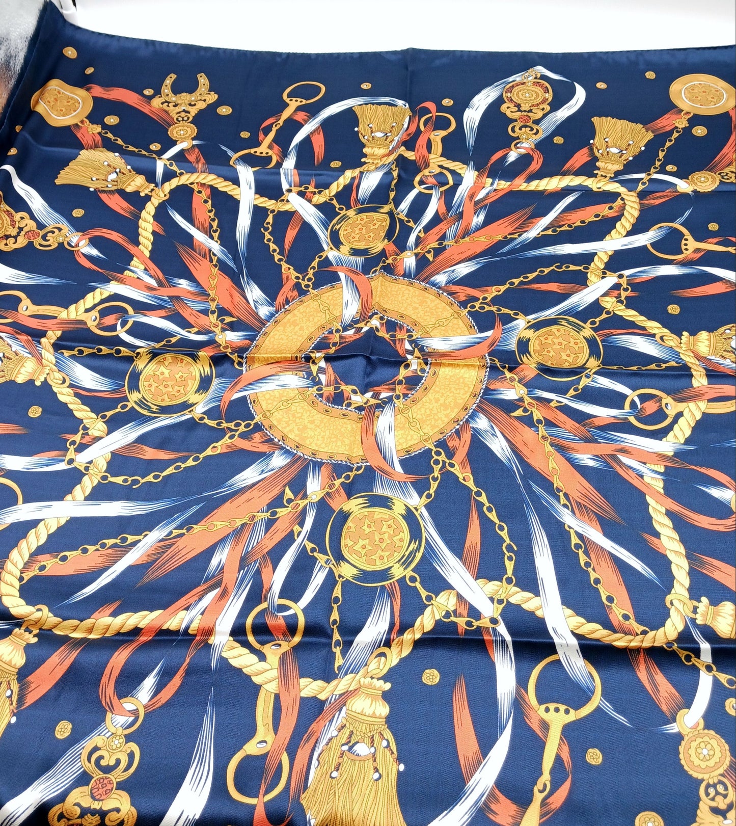 Blue Tassel Medallion Silk Twill Square Scarf 35x35 – Made In Italy