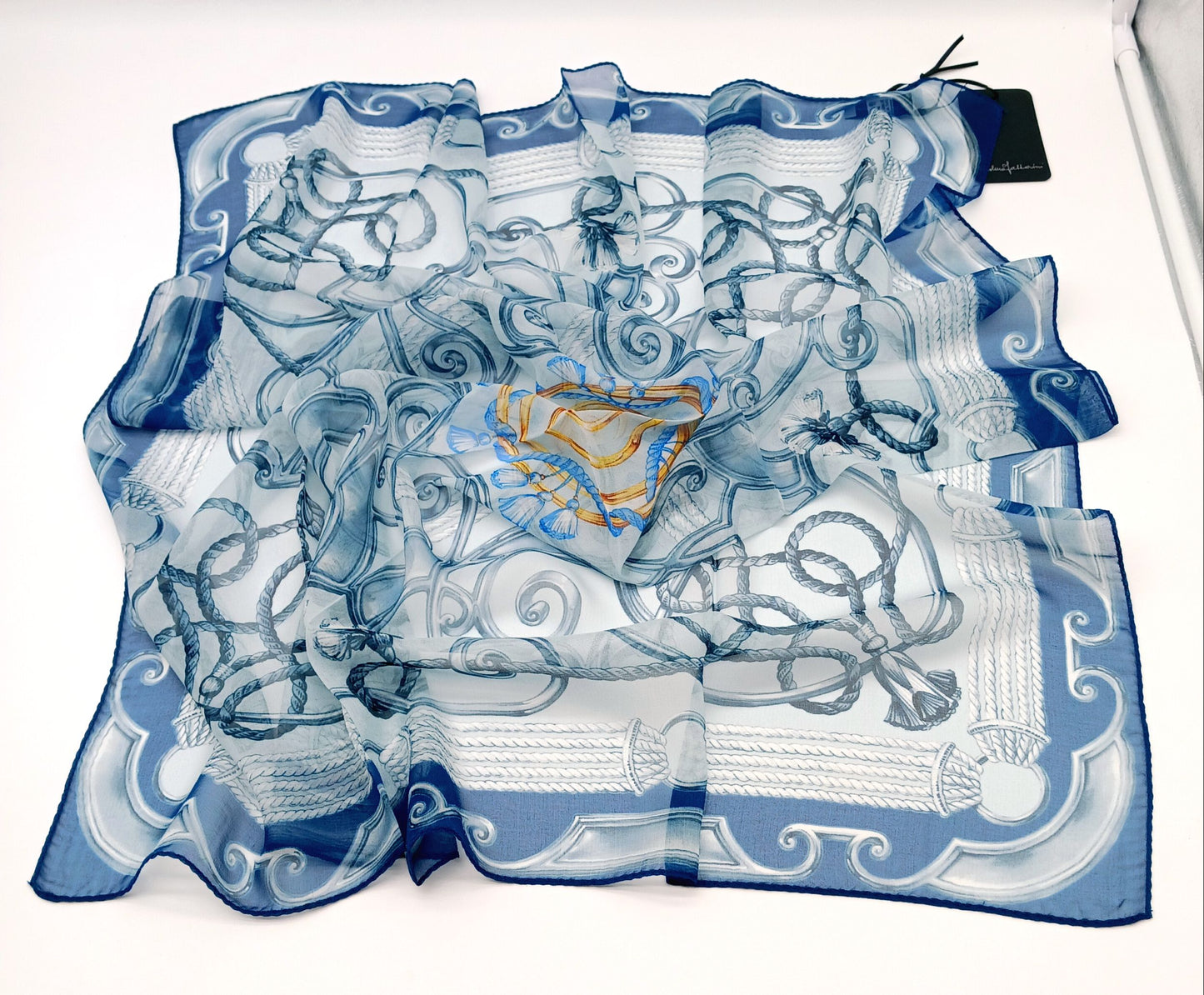 Ornamental Tassel Design Sheer Silk Square Scarf 31x31 – Made In Italy – Blue & White