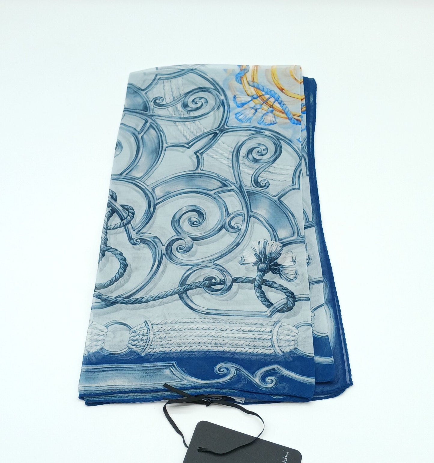 Ornamental Tassel Design Sheer Silk Square Scarf 31x31 – Made In Italy – Blue & White