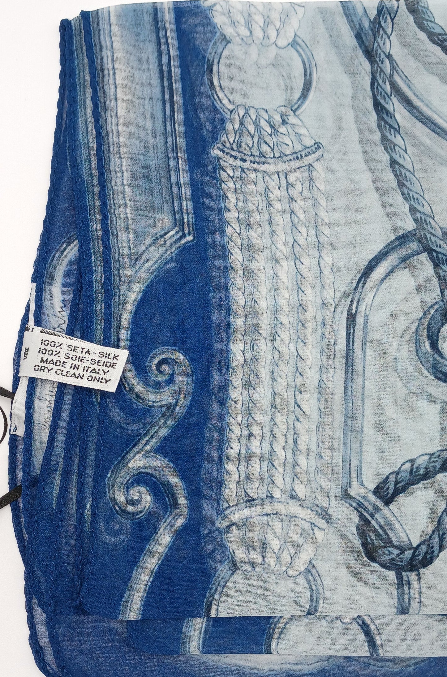 Ornamental Tassel Design Sheer Silk Square Scarf 31x31 – Made In Italy – Blue & White