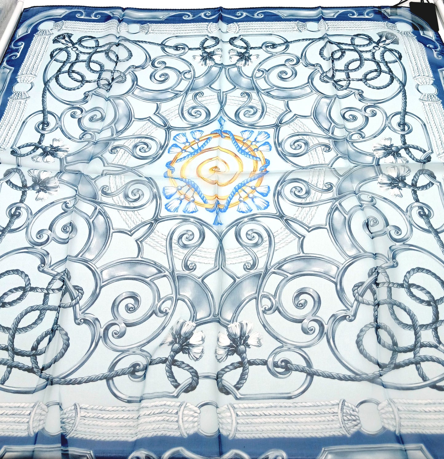 Ornamental Tassel Design Sheer Silk Square Scarf 31x31 – Made In Italy – Blue & White
