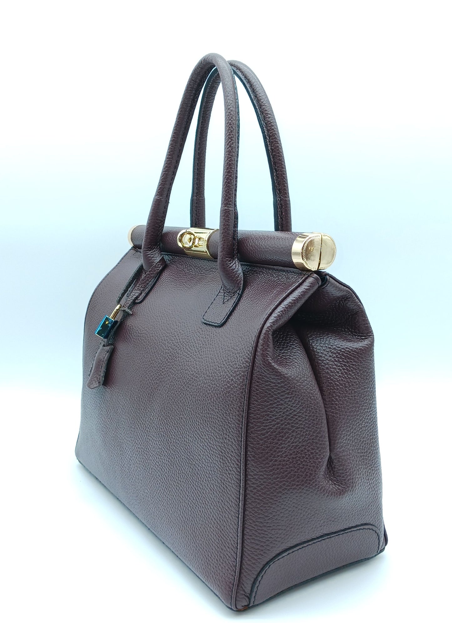 Lock & Key Genuine (Treated) Pebble Leather Handbag Satchel - Bordeaux – Made In Italy