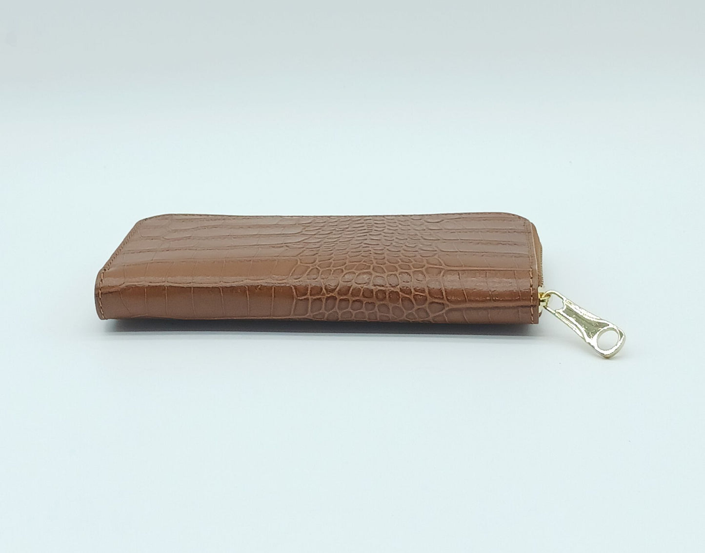 Genuine Croc Embossed Leather Zip Wallet – Made In Italy - Brown