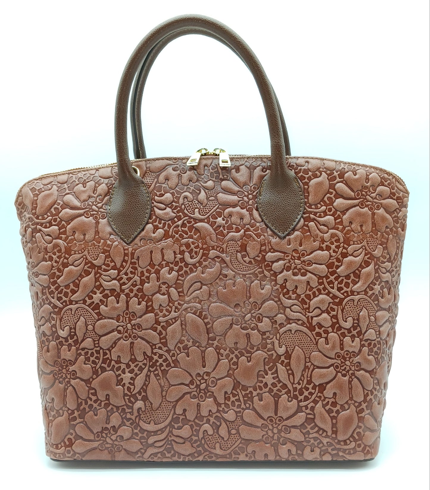 Chocolate Brown Genuine Leather Floral Embossed Handbag Satchel – Made In Italy