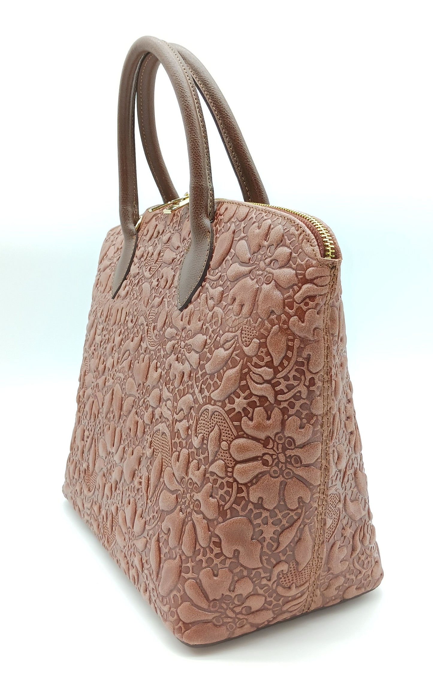 Chocolate Brown Genuine Leather Floral Embossed Handbag Satchel – Made In Italy