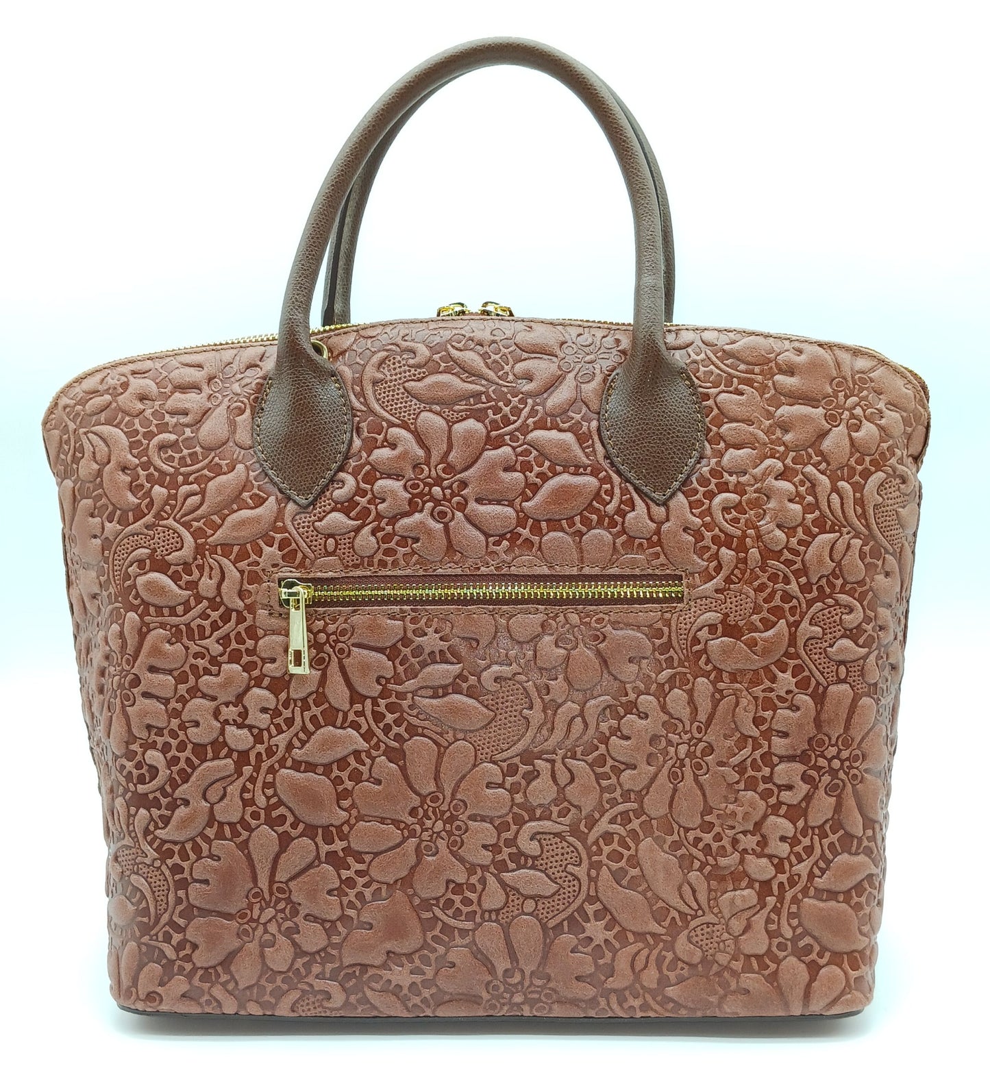 Chocolate Brown Genuine Leather Floral Embossed Handbag Satchel – Made In Italy