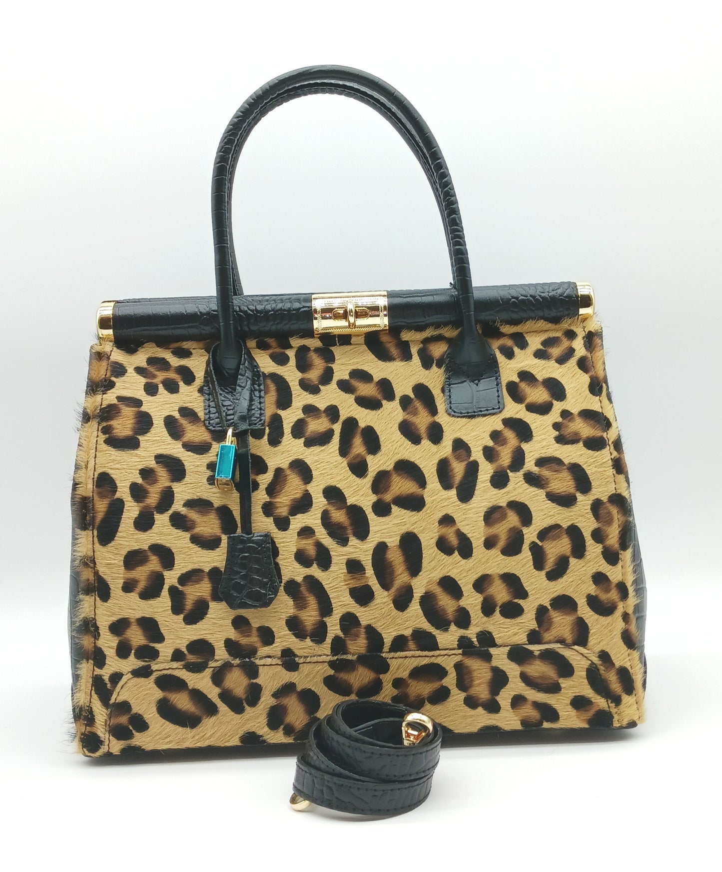 Lock & Key Brown Leopard Fur Black Croc Embossed Genuine Leather Handbag Satchel – Made In Italy