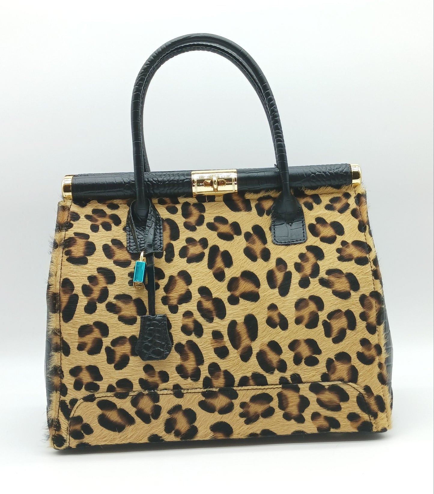 Lock & Key Brown Leopard Fur Black Croc Embossed Genuine Leather Handbag Satchel – Made In Italy