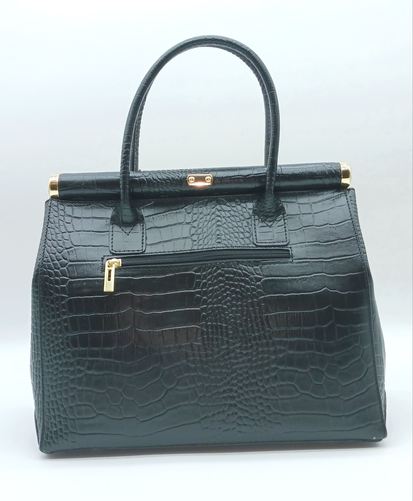 Lock & Key Brown Leopard Fur Black Croc Embossed Genuine Leather Handbag Satchel – Made In Italy