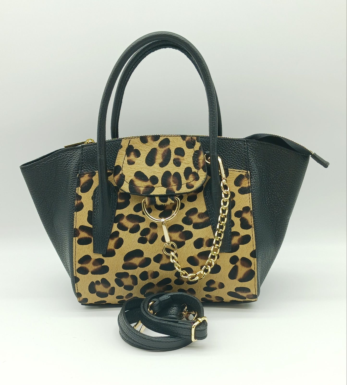 Black & Brown Leopard Genuine Leather Fur Satchel - Made In Italy