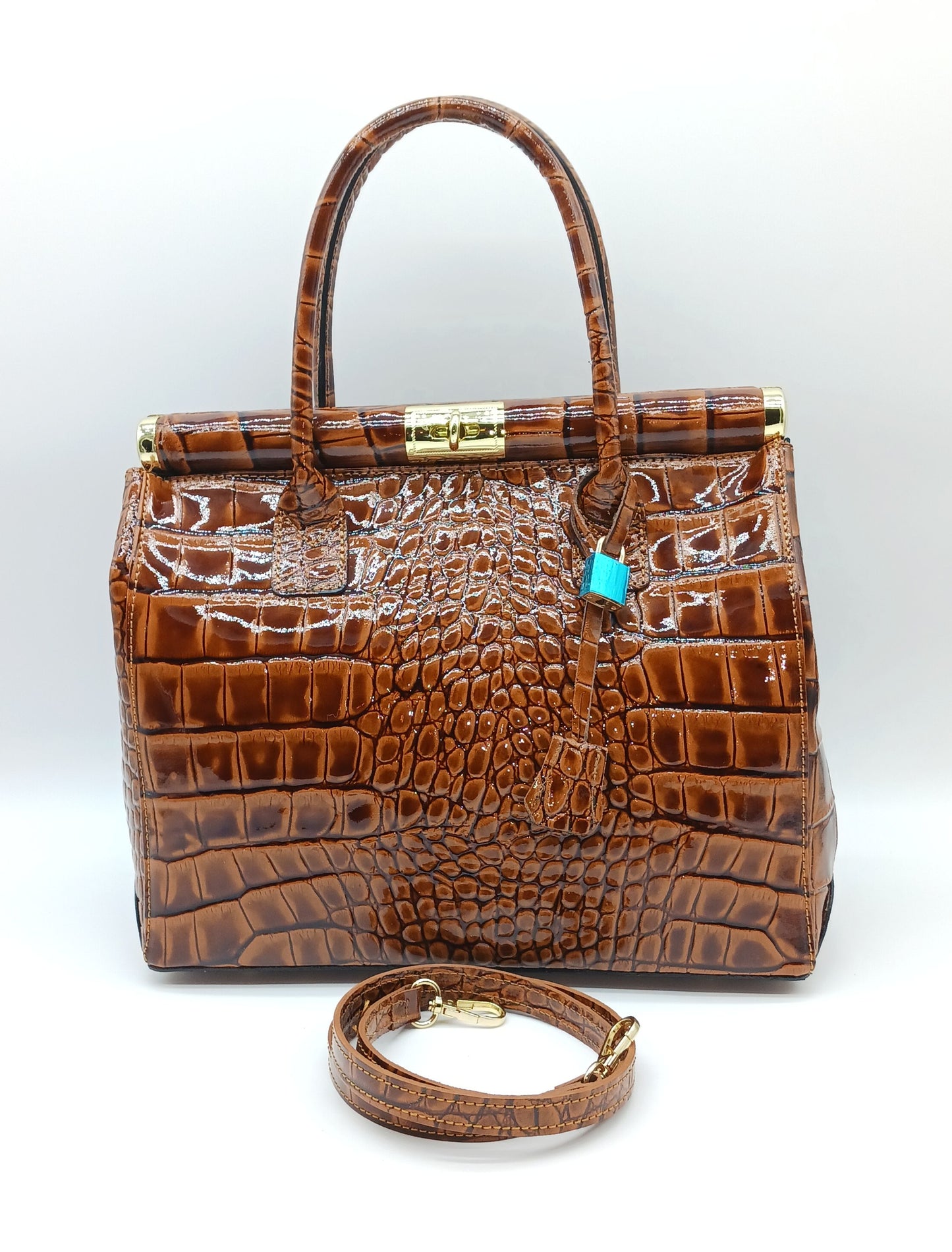 Lock & Key Shiny Croc Embossed Genuine Leather Handbag Satchel – Made In Italy - Brown