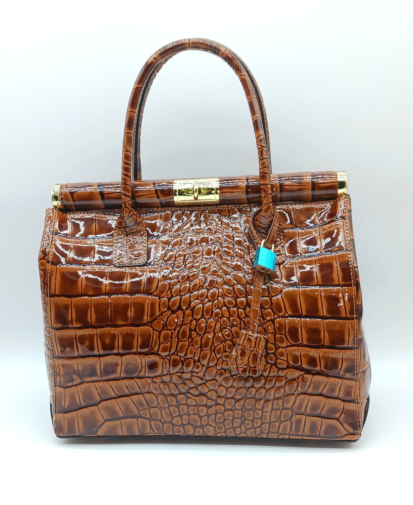 Lock & Key Shiny Croc Embossed Genuine Leather Handbag Satchel – Made In Italy - Brown