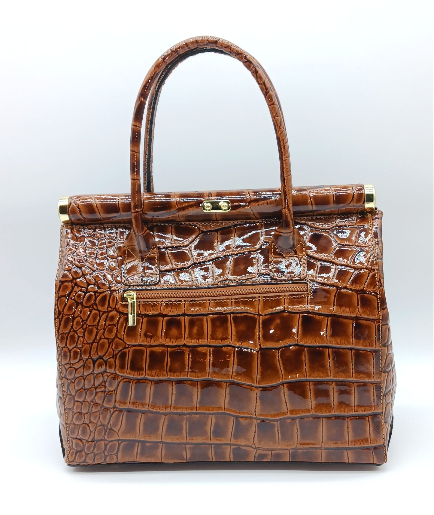Lock & Key Shiny Croc Embossed Genuine Leather Handbag Satchel – Made In Italy - Brown