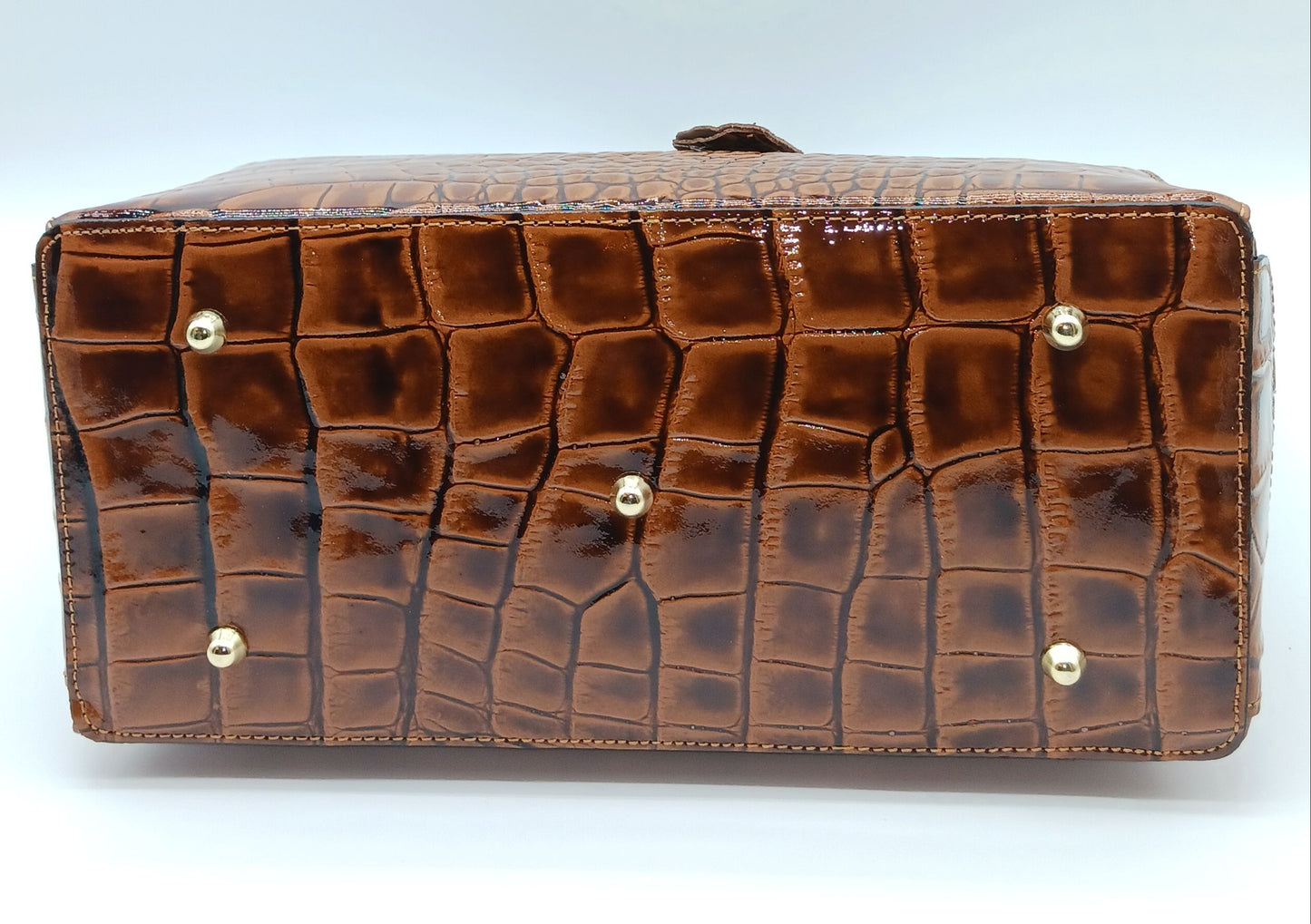 Lock & Key Shiny Croc Embossed Genuine Leather Handbag Satchel – Made In Italy - Brown