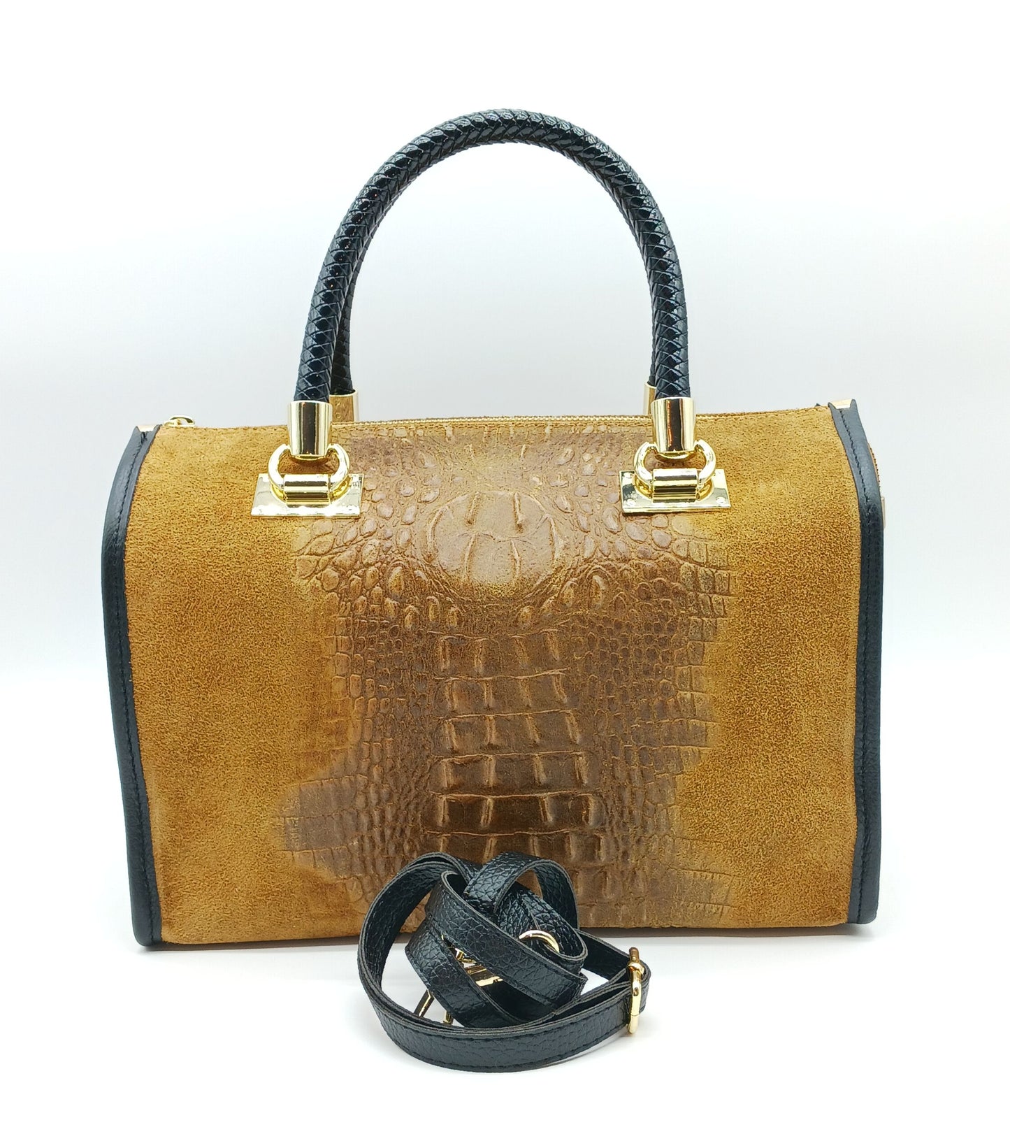 Genuine Suede & Leather Croc Embossed Satchel Handbag - Brown – Made In Italy