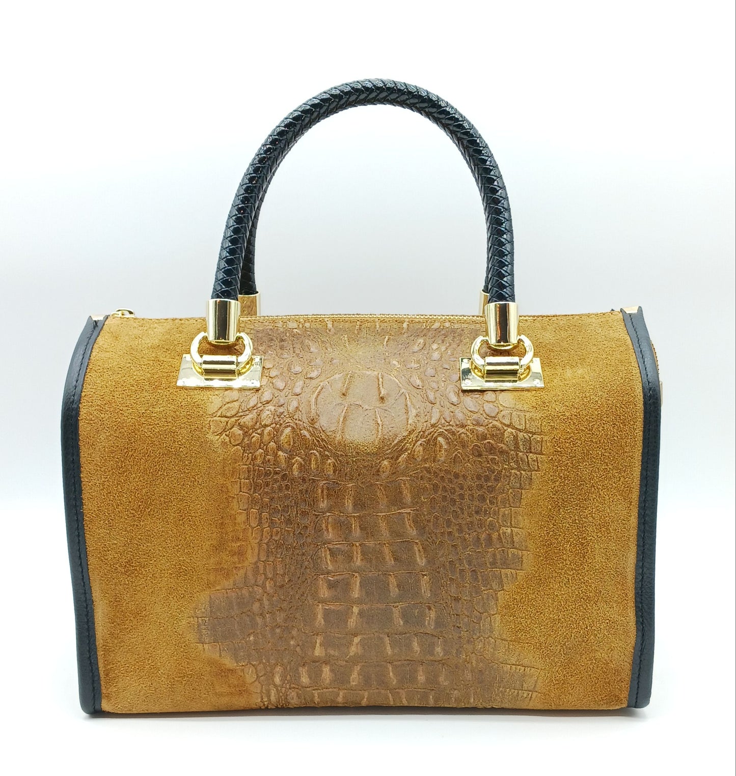 Genuine Suede & Leather Croc Embossed Satchel Handbag - Brown – Made In Italy