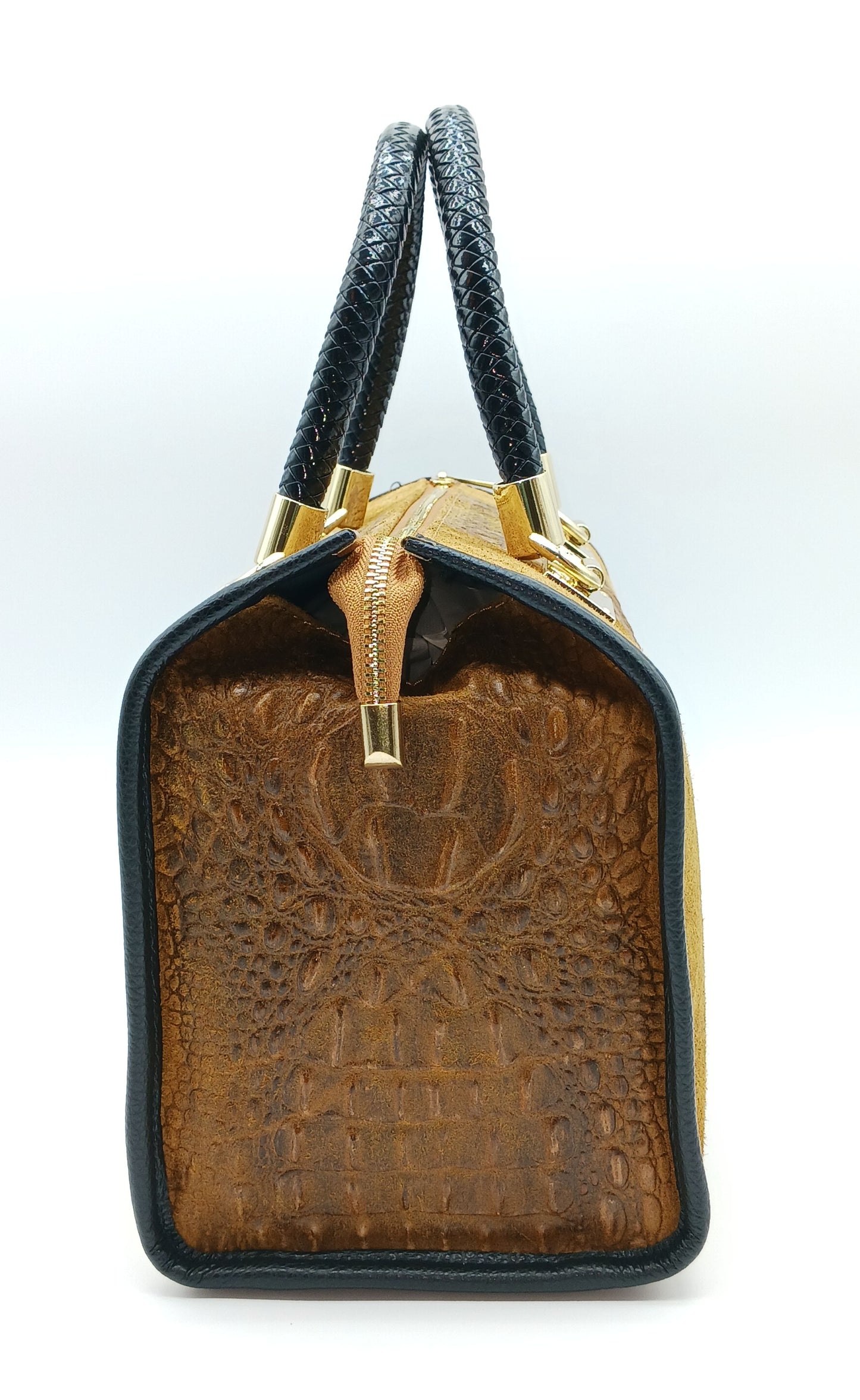 Genuine Suede & Leather Croc Embossed Satchel Handbag - Brown – Made In Italy