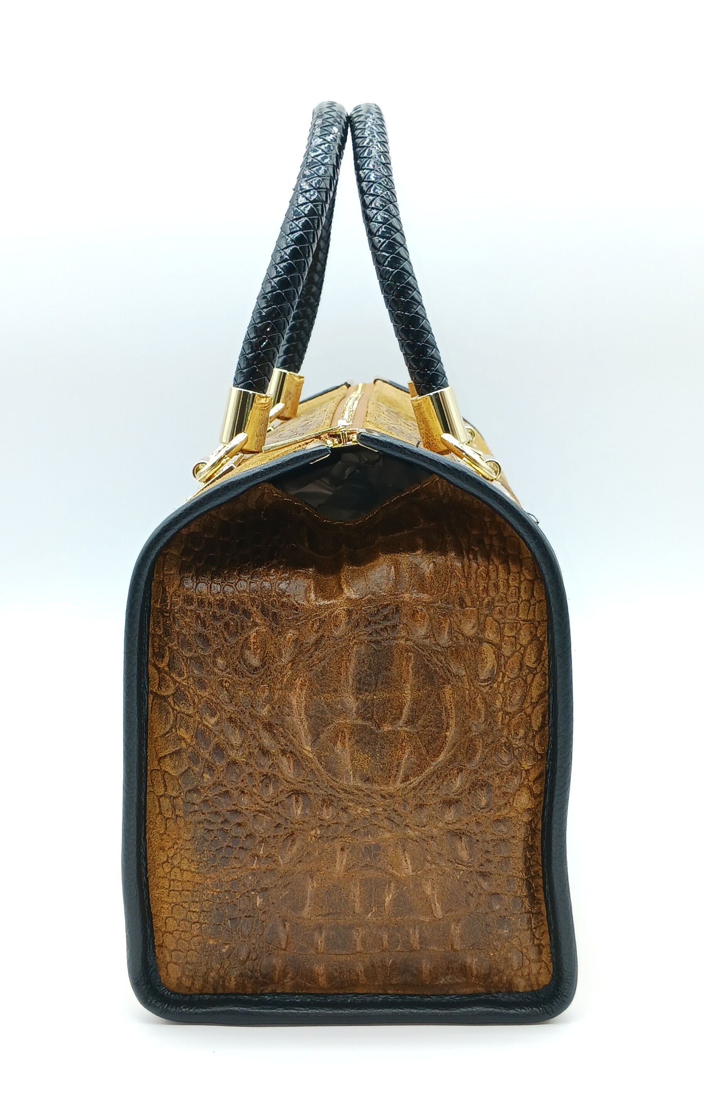 Genuine Suede & Leather Croc Embossed Satchel Handbag - Brown – Made In Italy