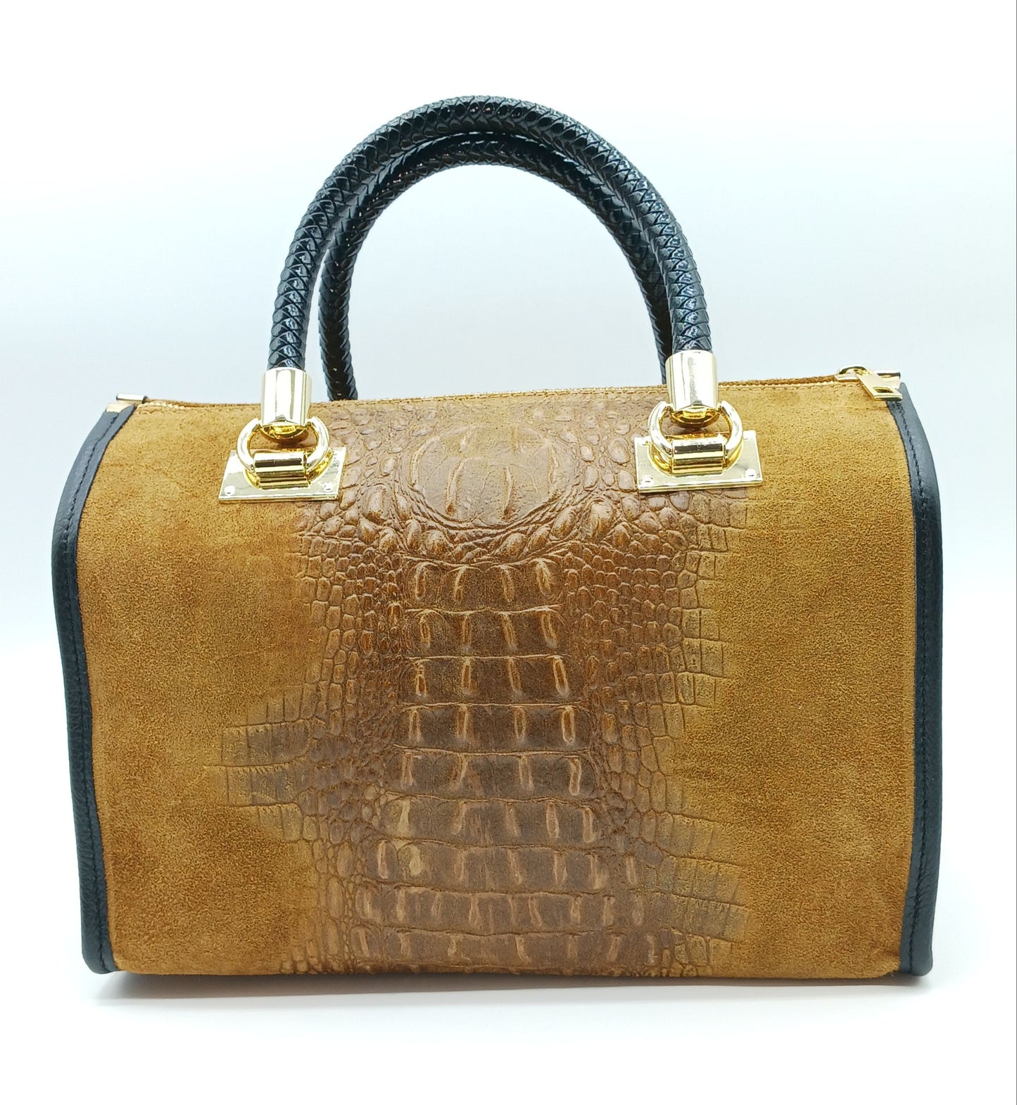 Genuine Suede & Leather Croc Embossed Satchel Handbag - Brown – Made In Italy