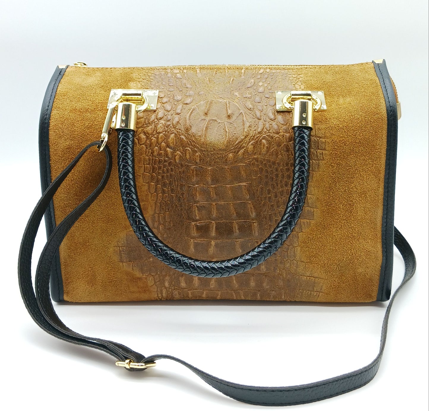 Genuine Suede & Leather Croc Embossed Satchel Handbag - Brown – Made In Italy