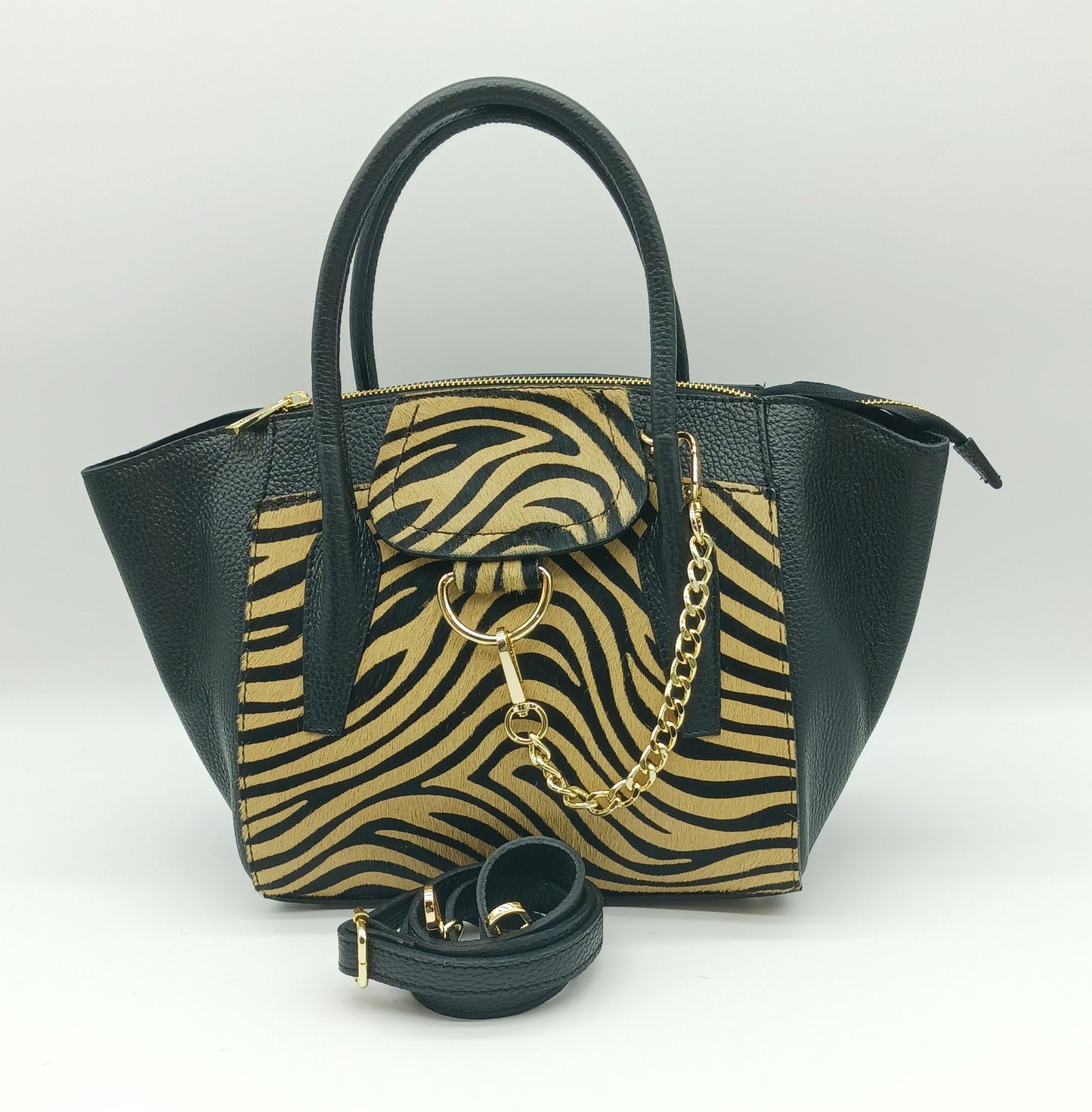 Black & Brown Zebra Genuine Leather Fur Satchel - Made In Italy