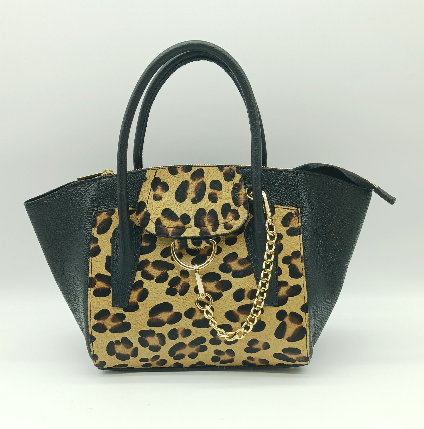Black & Brown Leopard Genuine Leather Fur Satchel - Made In Italy