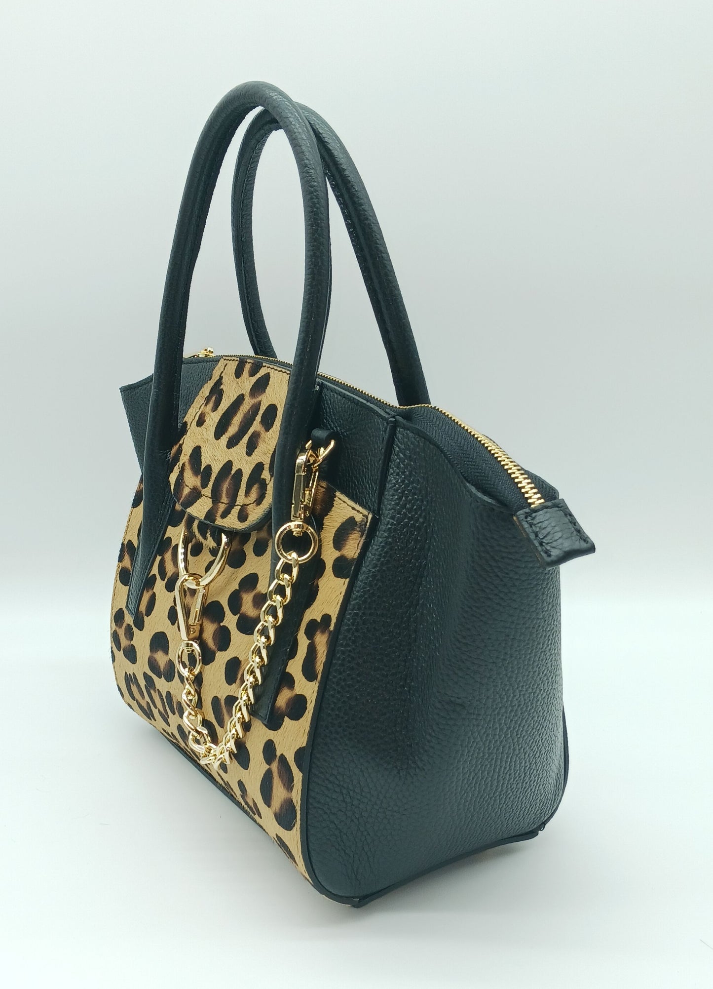 Black & Brown Leopard Genuine Leather Fur Satchel - Made In Italy