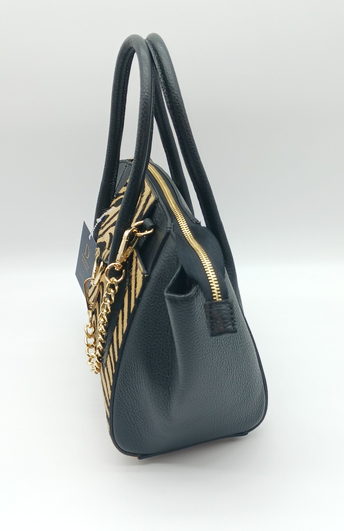 Black & Brown Zebra Genuine Leather Fur Satchel - Made In Italy