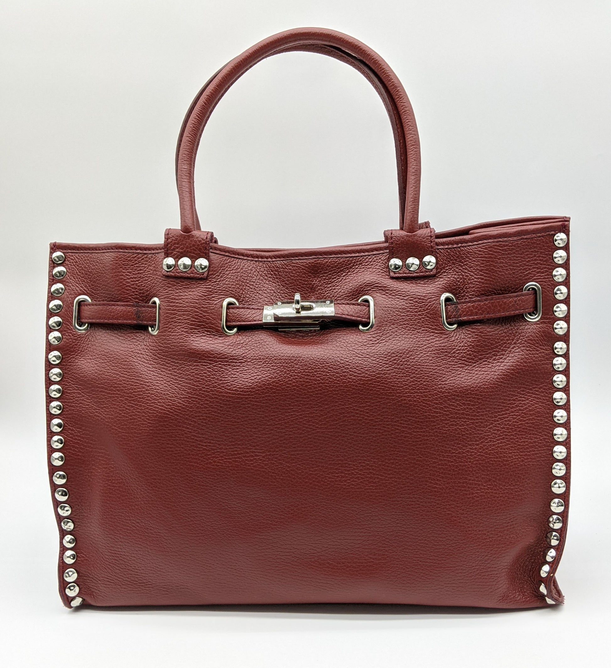 Genuine Pebble Leather Studded Satchel - Burgundy – Made In Italy - DumasvilleBoutique