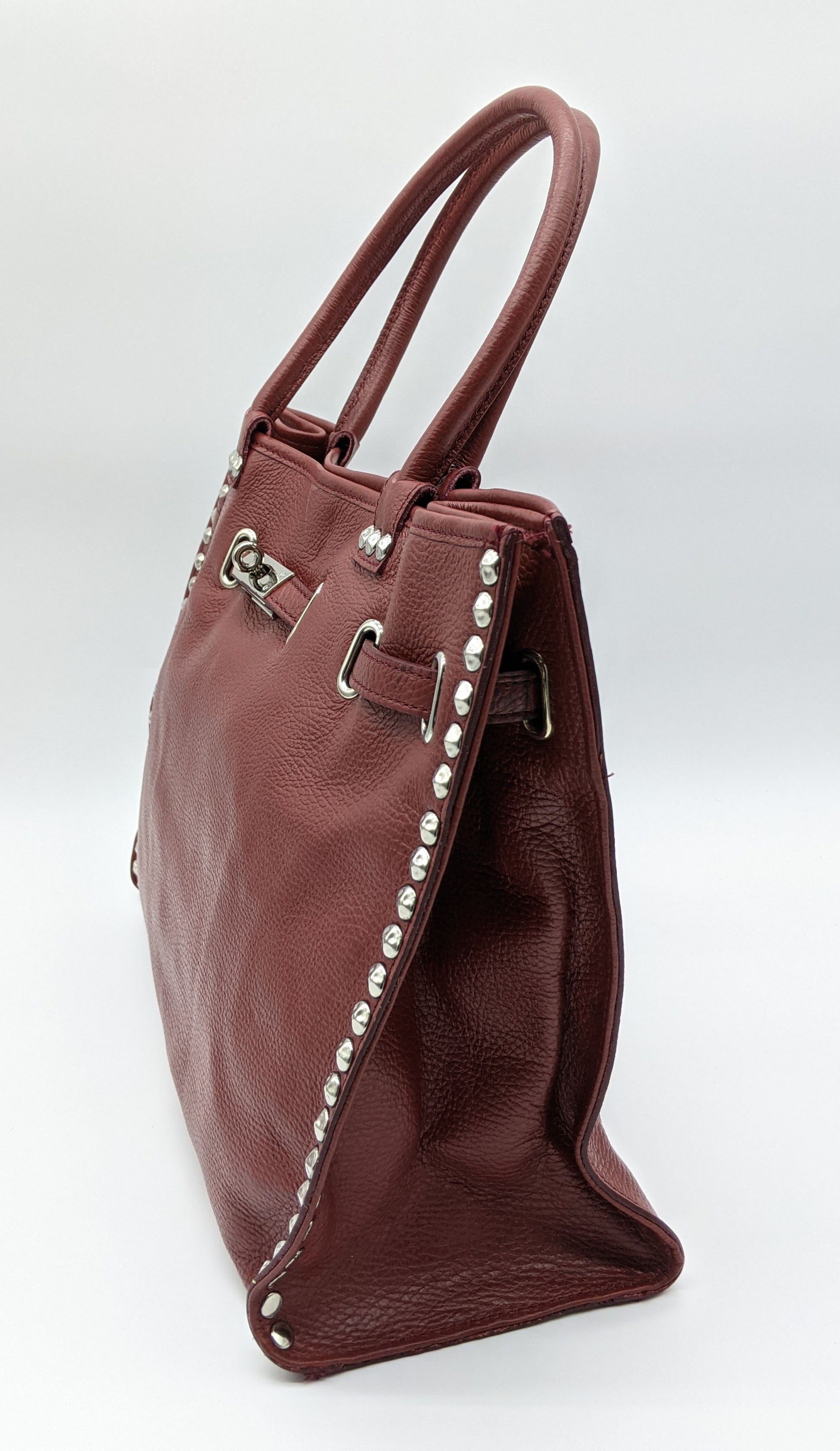 Genuine Pebble Leather Studded Satchel - Burgundy – Made In Italy - DumasvilleBoutique