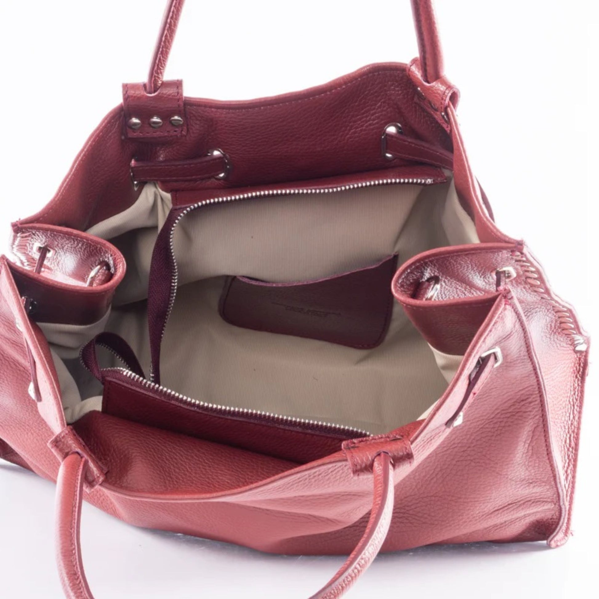 Genuine Pebble Leather Studded Satchel - Burgundy – Made In Italy - DumasvilleBoutique