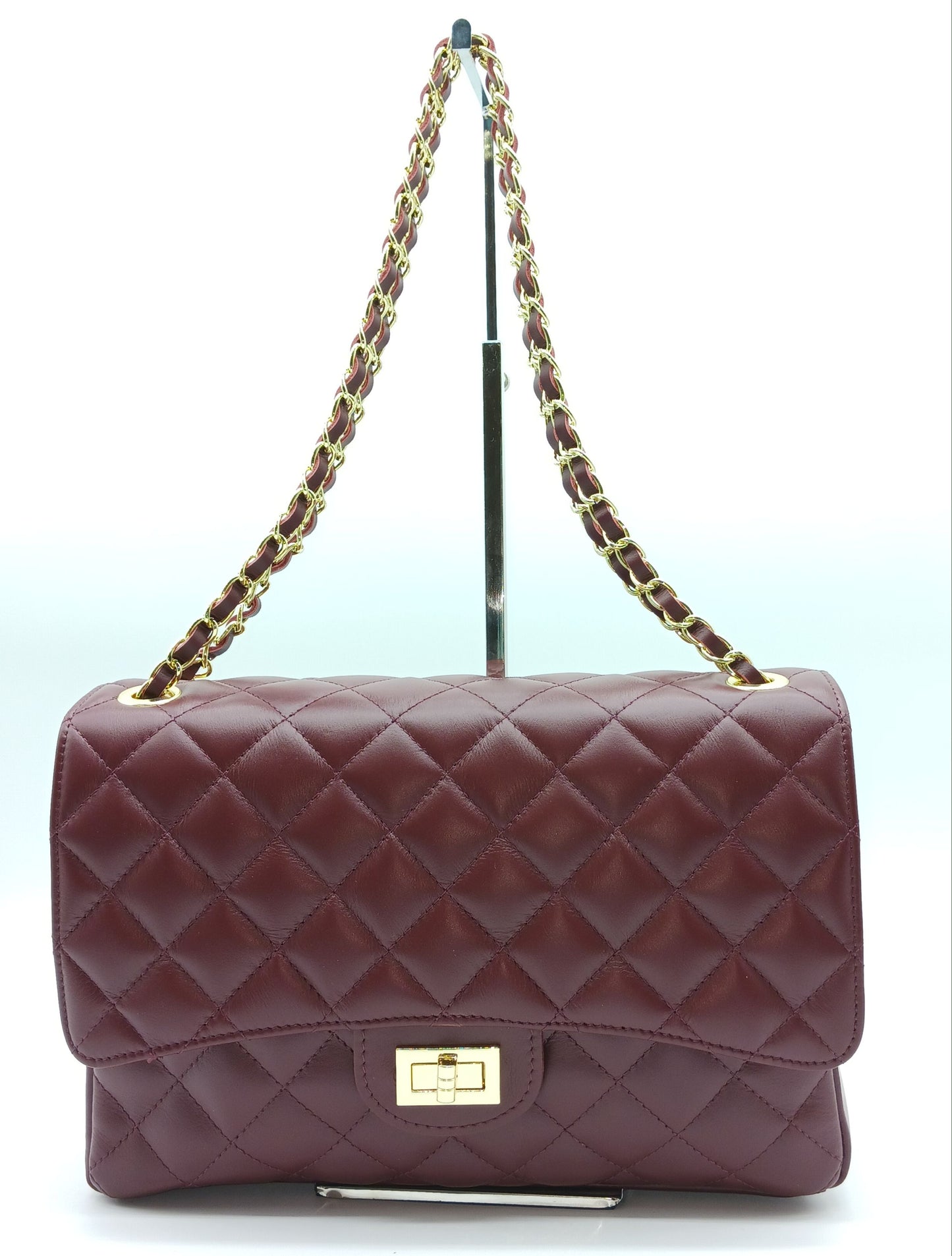 Genuine Leather Quilted Handbag (X-Large) Burgundy – Made In Italy