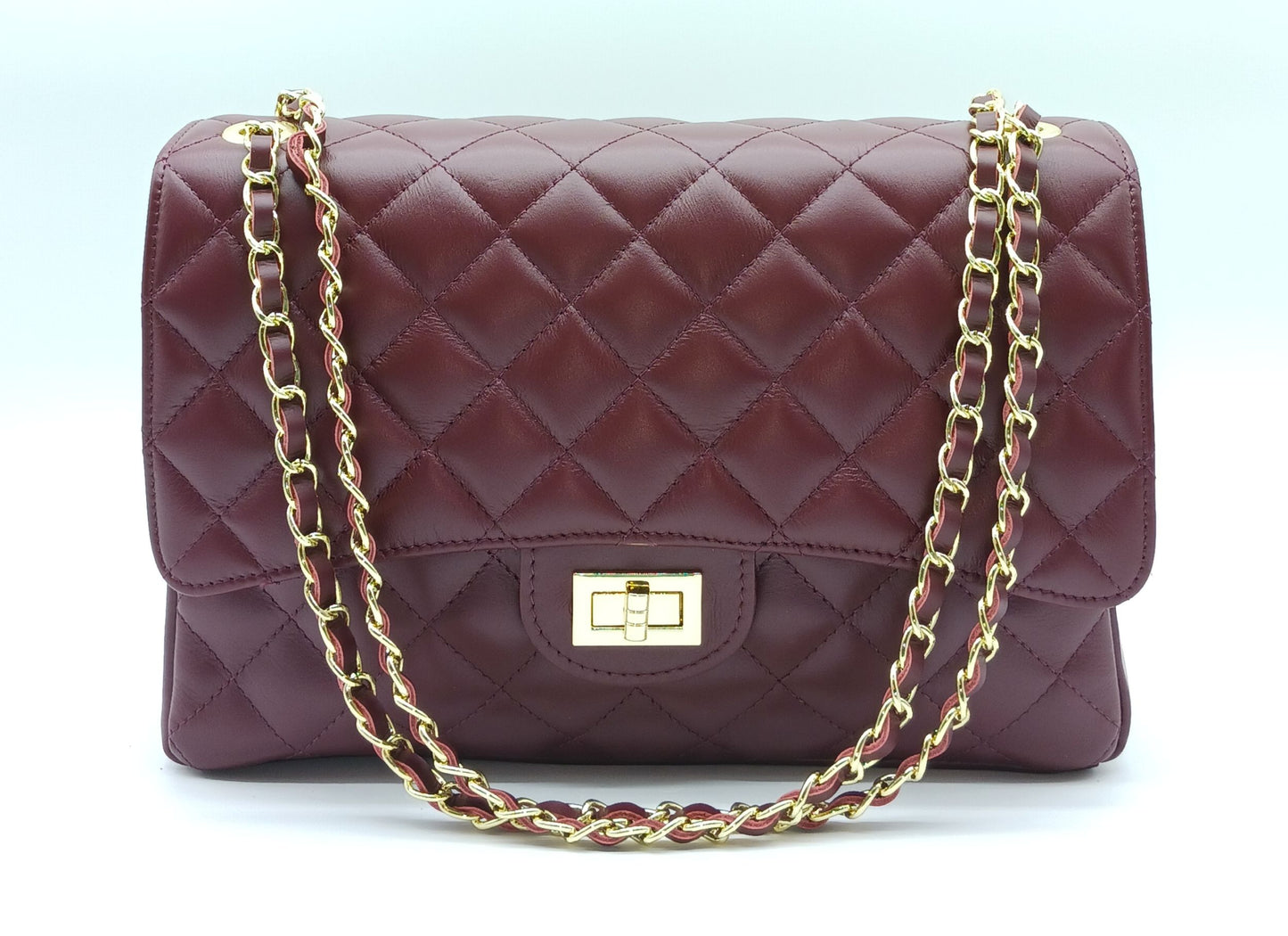 Genuine Leather Quilted Handbag (X-Large) Burgundy – Made In Italy