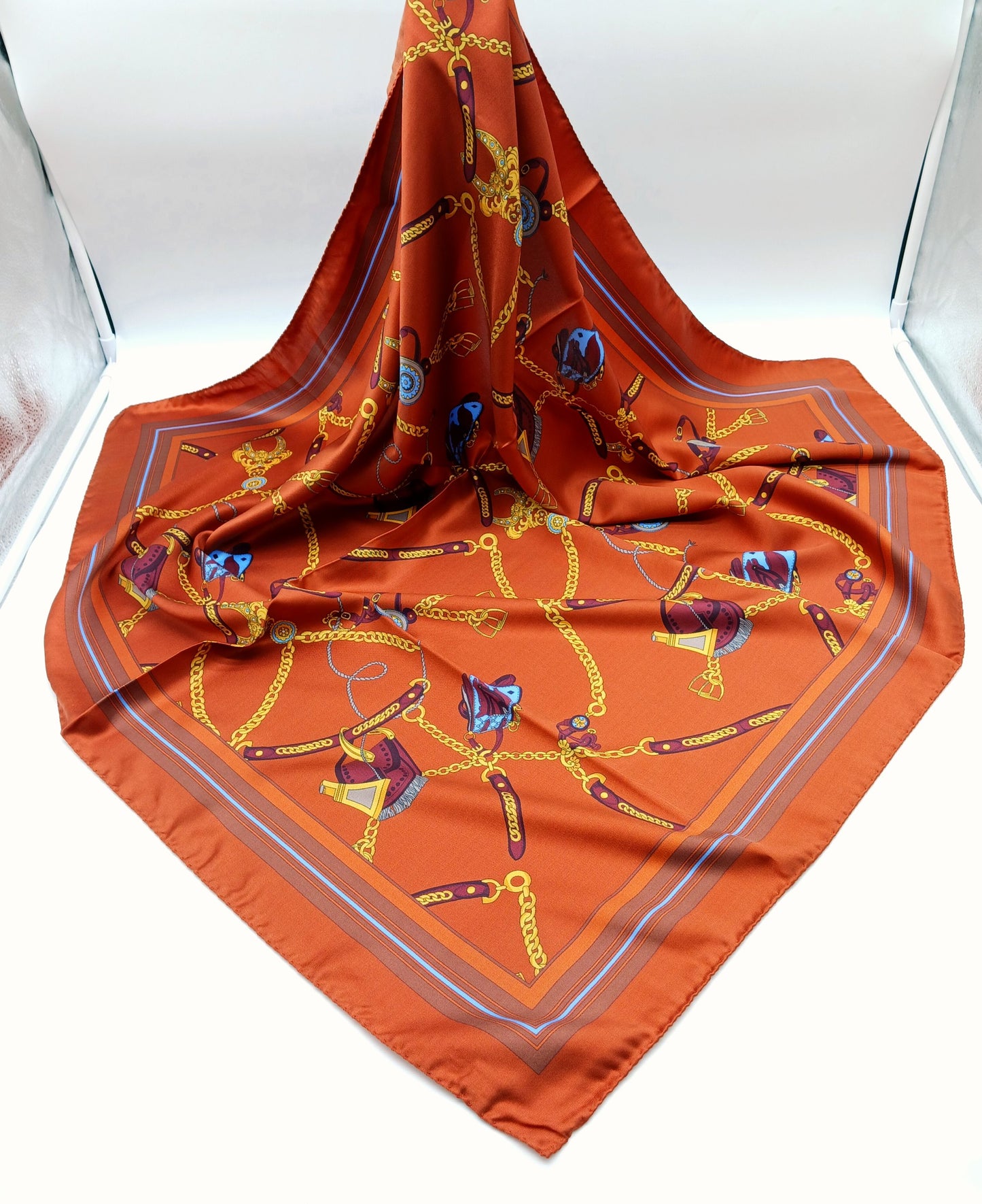 Designer Equestrian Design Silk Twill Square Scarf 35x35 – Made In Italy – Burnt Orange