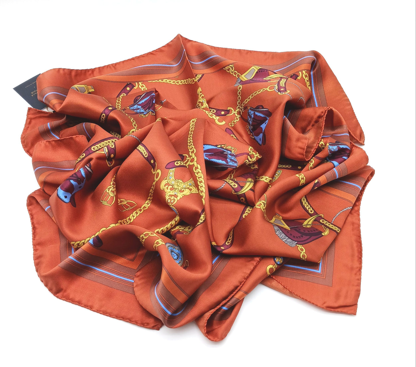 Designer Equestrian Design Silk Twill Square Scarf 35x35 – Made In Italy – Burnt Orange