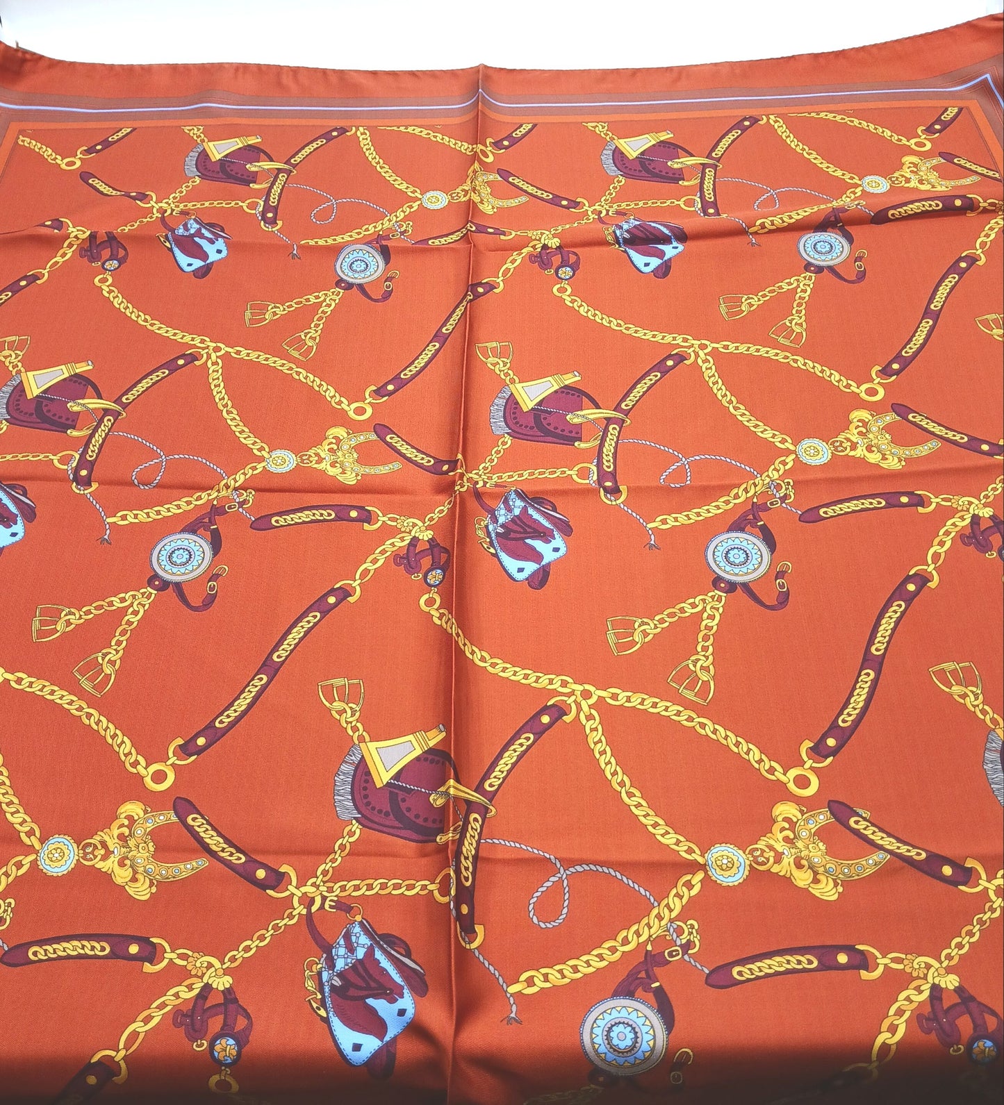 Designer Equestrian Design Silk Twill Square Scarf 35x35 – Made In Italy – Burnt Orange