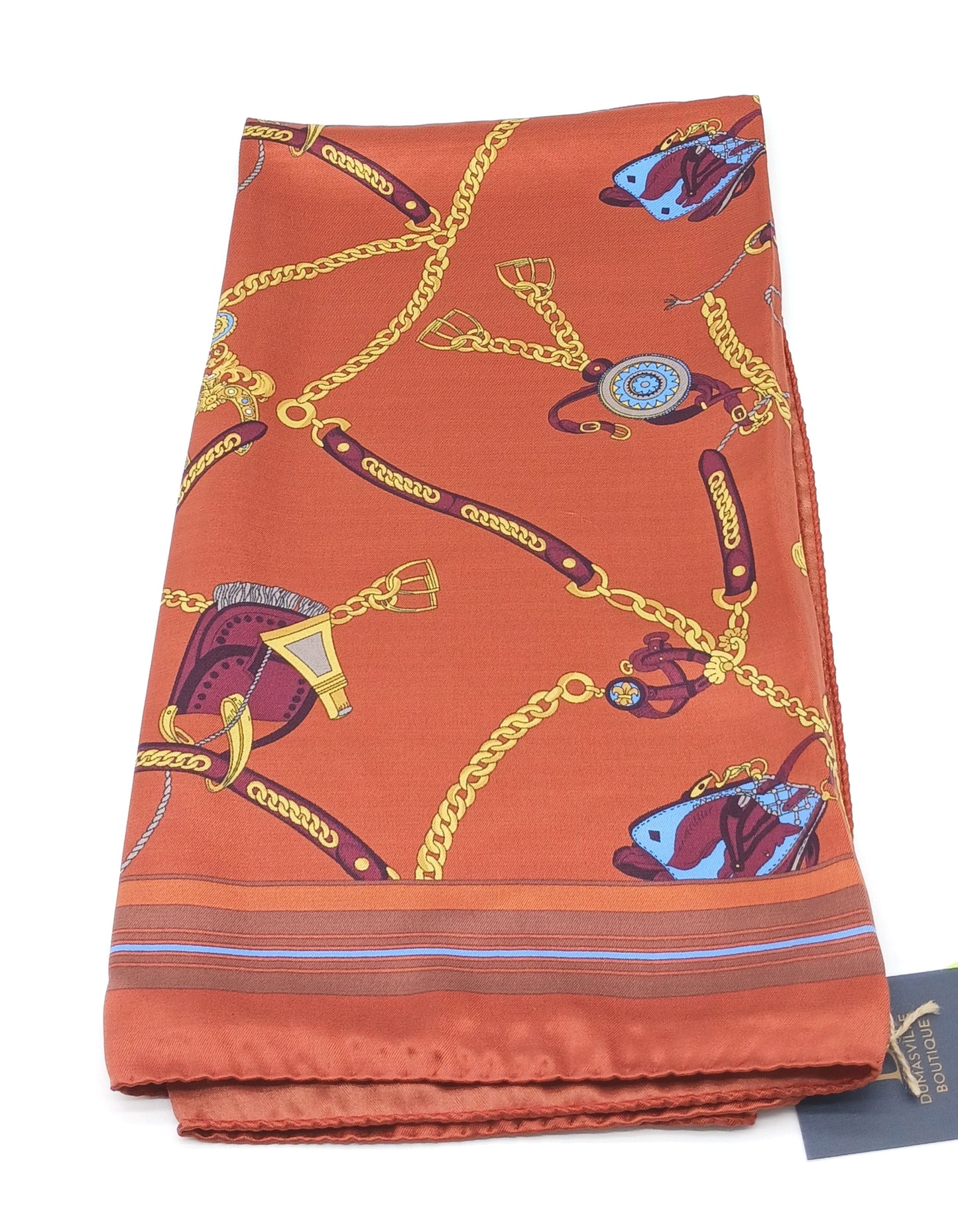 Designer Equestrian Design Silk Twill Square Scarf 35x35 – Made In Italy – Burnt Orange