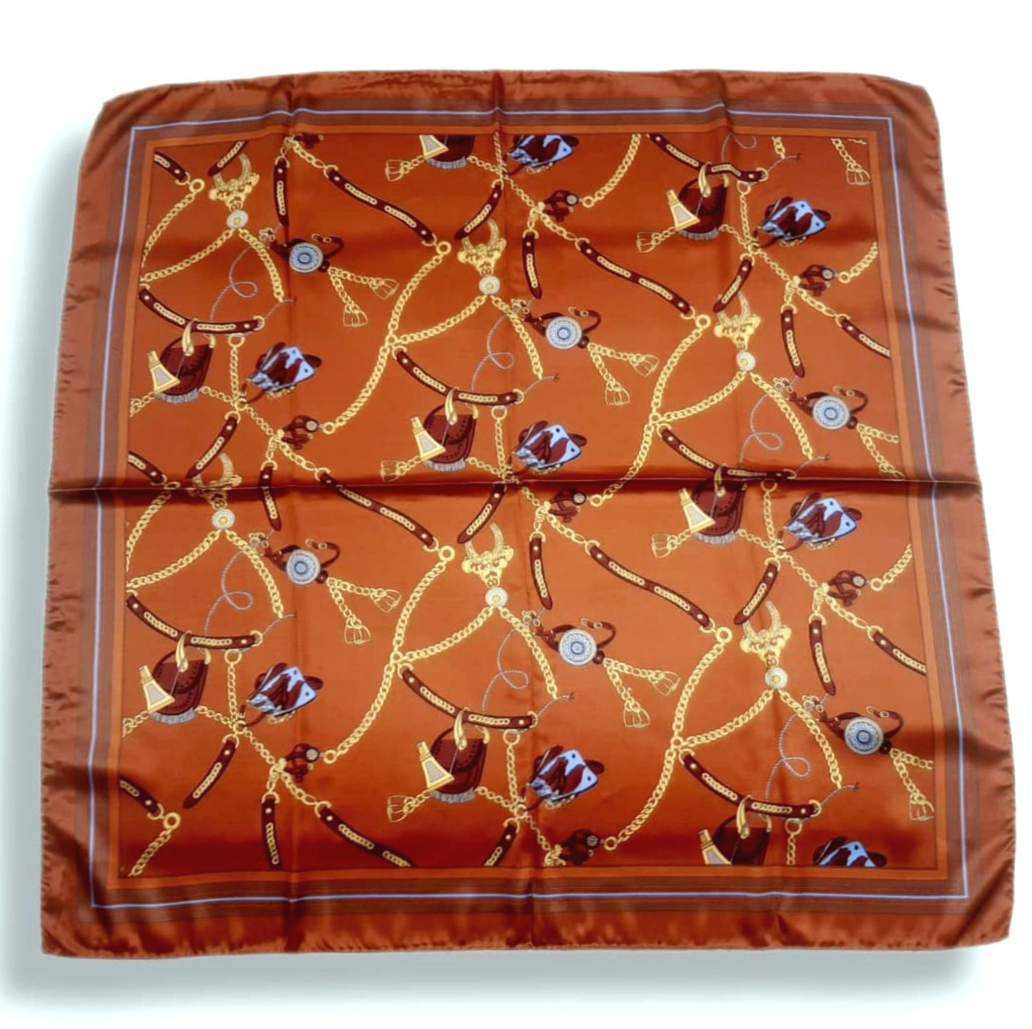 Designer Equestrian Design Silk Twill Square Scarf 35x35 – Made In Italy – Burnt Orange