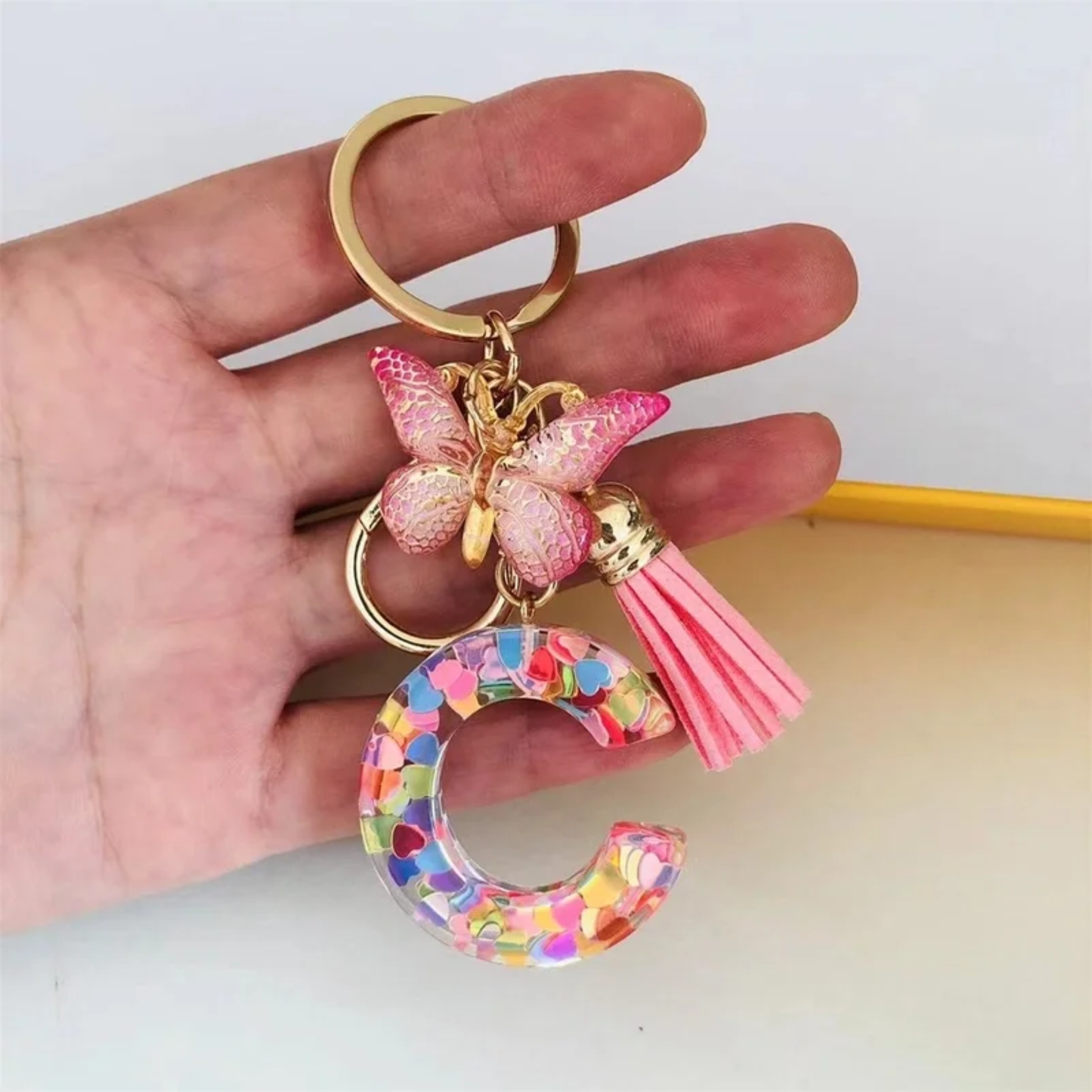 Pink Personalized Resin Alphabet Initial Tassel Butterfly Keychain Bag Charm